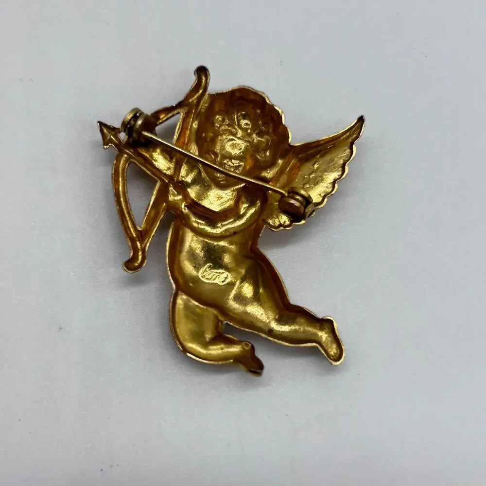 Vintage Cherub Brooch Cupid Bow Arrow Gold Tone Pin Signed Coro Costume Jewelry